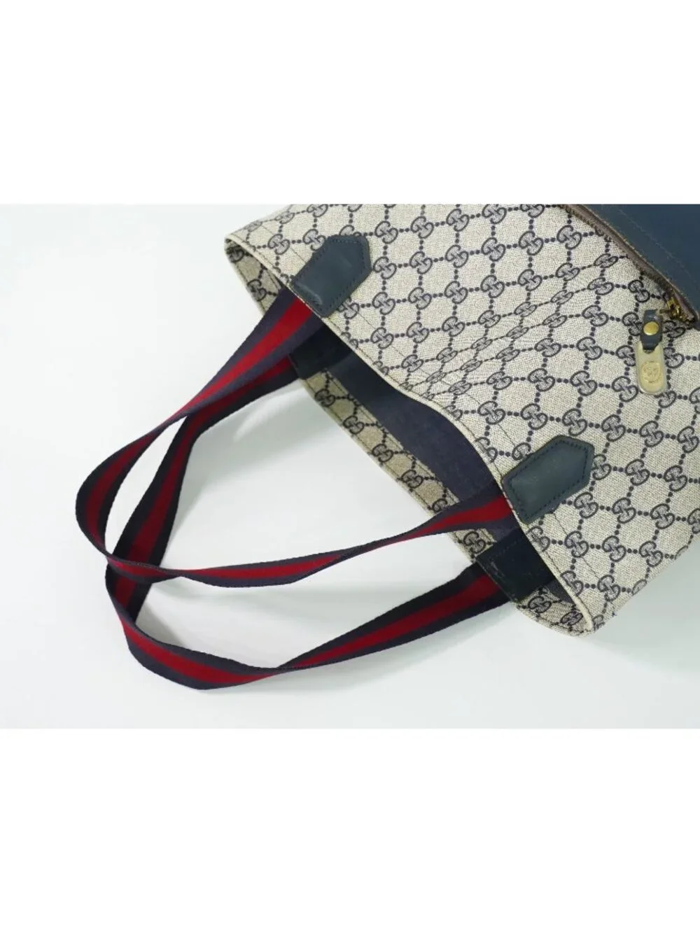 Gucci Vintage Sherry Line GG Supreme Shoulder Bag Tote Navy Shelly - Picture 4 of 9